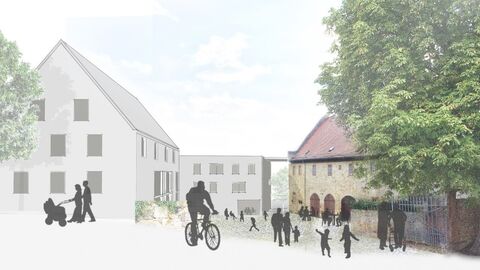 Preis Unternehmen - OEKOGENO-SWH eG Comic einer Stadt mit Menschen, Häusern und Bäumen.