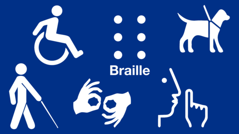 Grafik mit sechs weißen Symbolen für Barrierefreiheit auf blauem Grund: Rollstuhlfahrer, Blindenschrift, Assistenzhund, blinde Person mit Langstock, Gebärdensprache und Hörbehinderung